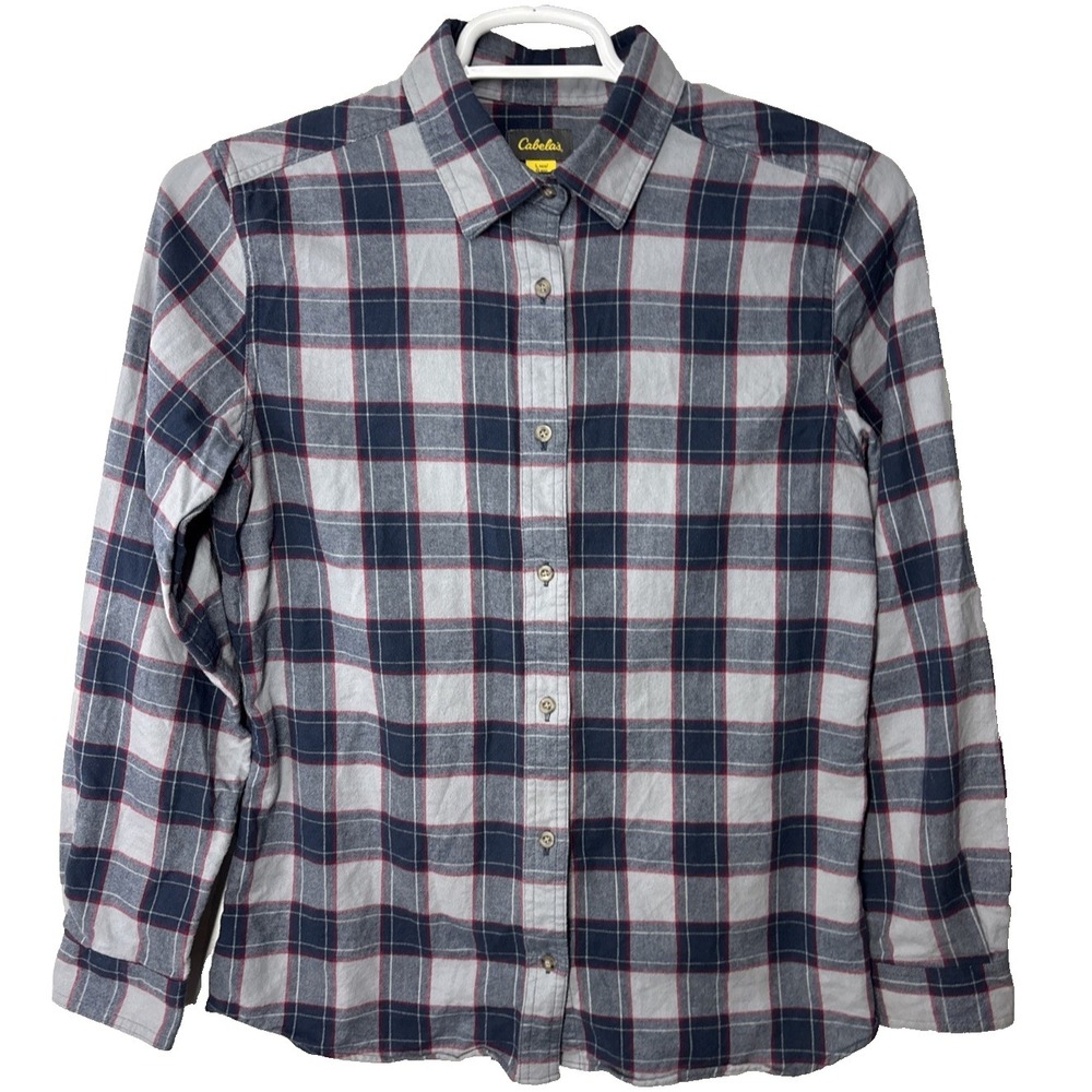 Cabela's Flannel Shirt Womens Lg Blue Plaid 100% Cotton 90s Grunge Outdoor Ranch